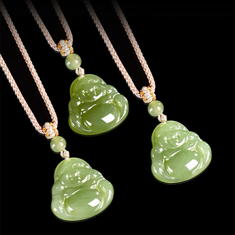 Buddha Stones Colgante de cuerda de la prosperidad con Buda sonriente de jade verde - image 4
