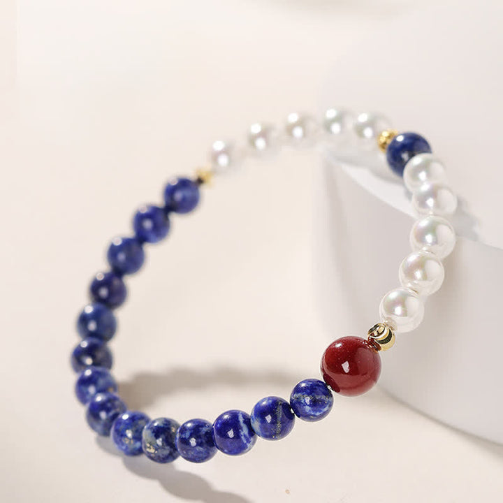 Buddha Stones Pulsera de cuentas con lapislázuli, lazurita, perlas y cinabrio. - image 2