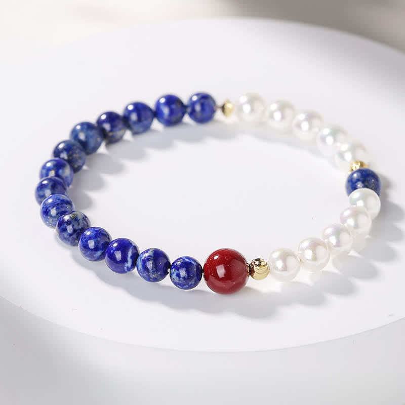 Buddha Stones Pulsera de cuentas con lapislázuli, lazurita, perlas y cinabrio. - Anillo de lapislázuli de una sola vuelta (circunferencia de la muñeca: 14-15 cm) - 6 mm - image 1