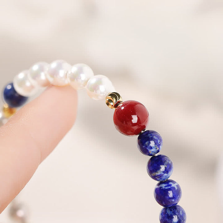 Buddha Stones Pulsera de cuentas con lapislázuli, lazurita, perlas y cinabrio. - image 3