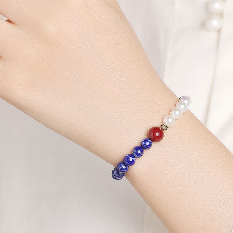 Buddha Stones Pulsera de cuentas con lapislázuli, lazurita, perlas y cinabrio. - image 10