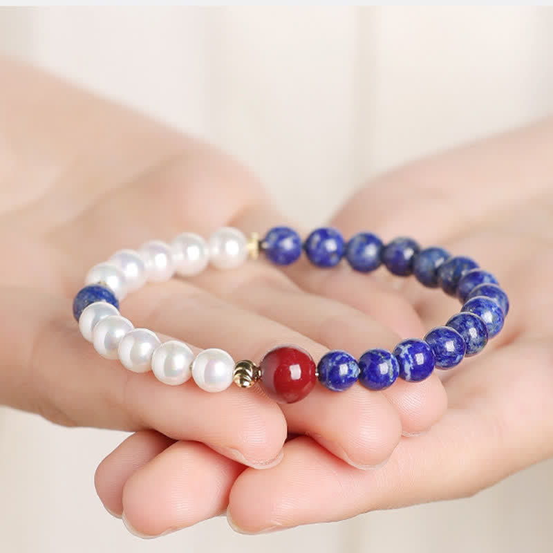 Buddha Stones Pulsera de cuentas con lapislázuli, lazurita, perlas y cinabrio. - image 4