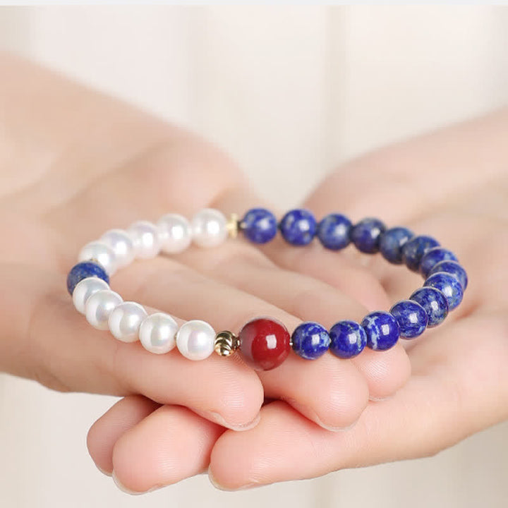 Buddha Stones Pulsera de cuentas con lapislázuli, lazurita, perlas y cinabrio. - image 4