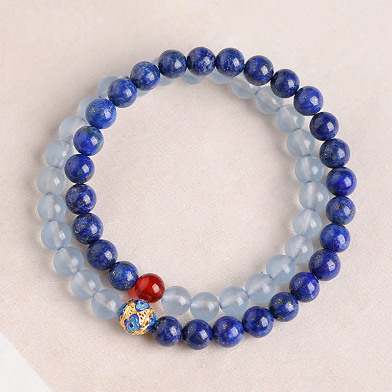 Buddha Stones Pulsera de equilibrio con diseño de doble vuelta, lapislázuli, aguamarina y ágata roja. - Lapislázuli (circunferencia de la muñeca: 14-15 cm) - 6 mm - image 0