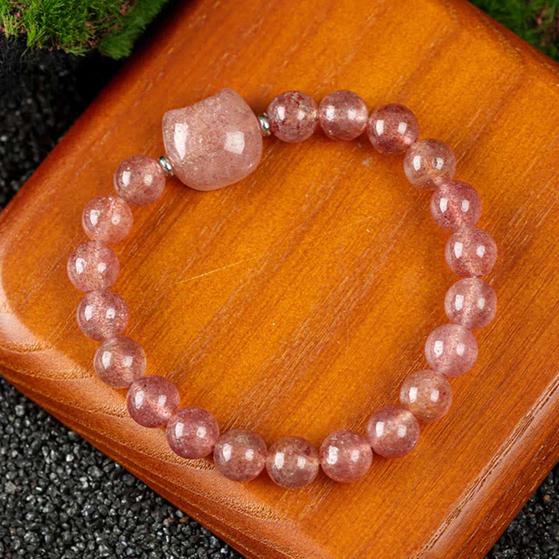 Buddha Stones Pulsera con cuentas de cuarzo transparente y ágata azul con diseño de gato adorable - Cuarzo fresa (circunferencia de la muñeca: 15-16 cm) - image 16