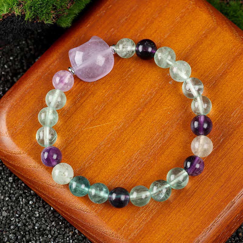 Buddha Stones Pulsera con cuentas de cuarzo transparente y ágata azul con diseño de gato adorable - Fluorita arcoíris (circunferencia de la muñeca: 15-16 cm) - image 20