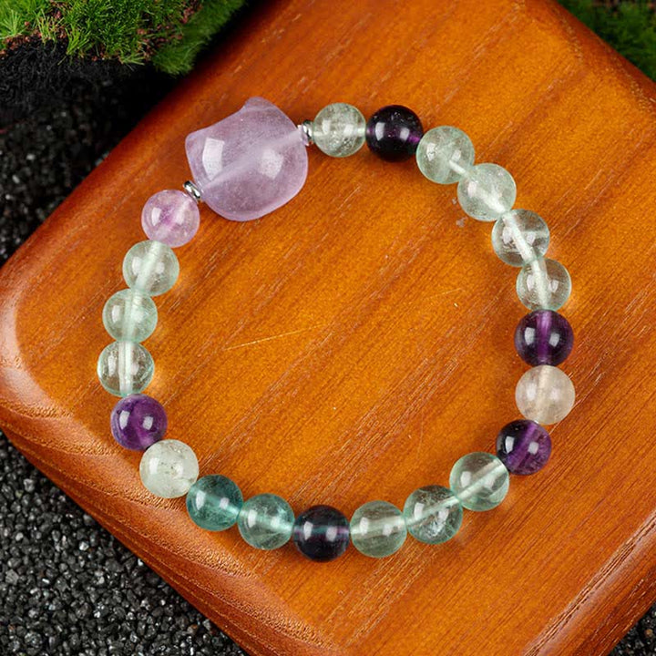 Buddha Stones Pulsera con cuentas de cuarzo transparente y ágata azul con diseño de gato adorable - Fluorita arcoíris (circunferencia de la muñeca: 15-16 cm) - image 20