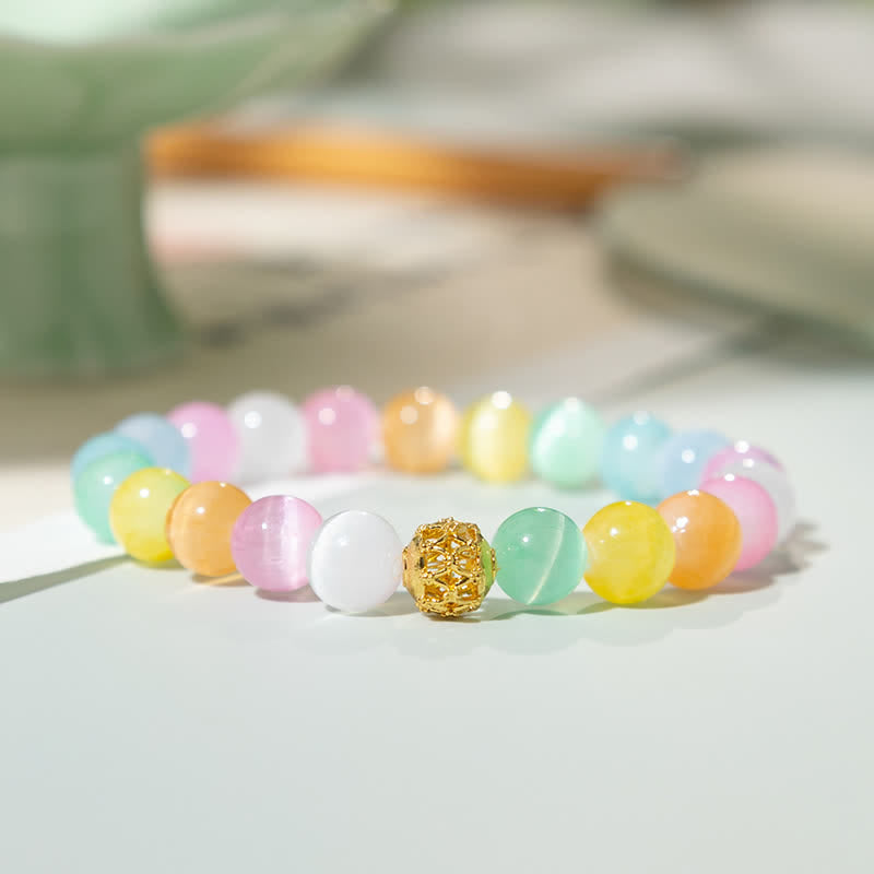 Buddha Stones Pulsera con cuentas redondas multicolores de diseño hueco y forma de ojo de gato. - Ojo de gato colorido (circunferencia de la muñeca 15–16 cm) - image 0