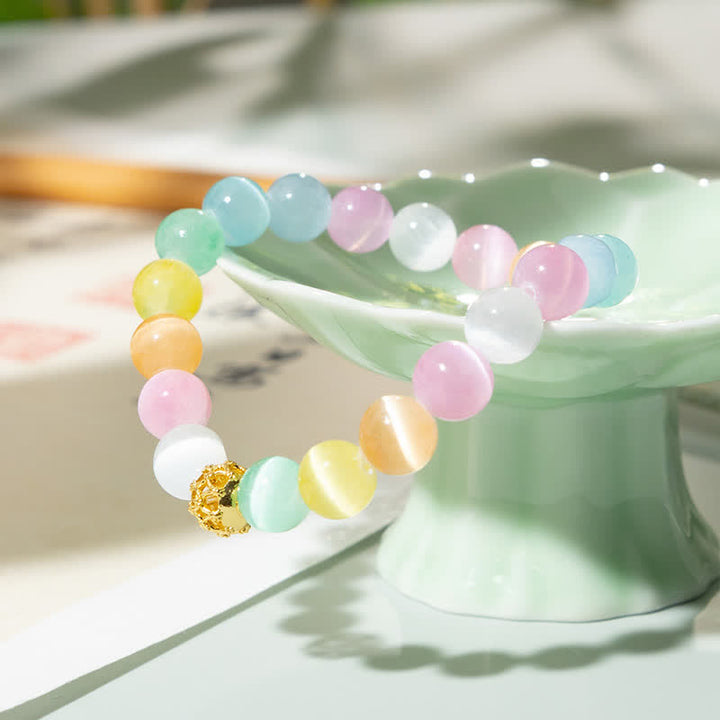 Buddha Stones Pulsera con cuentas redondas multicolores de diseño hueco y forma de ojo de gato. - image 2