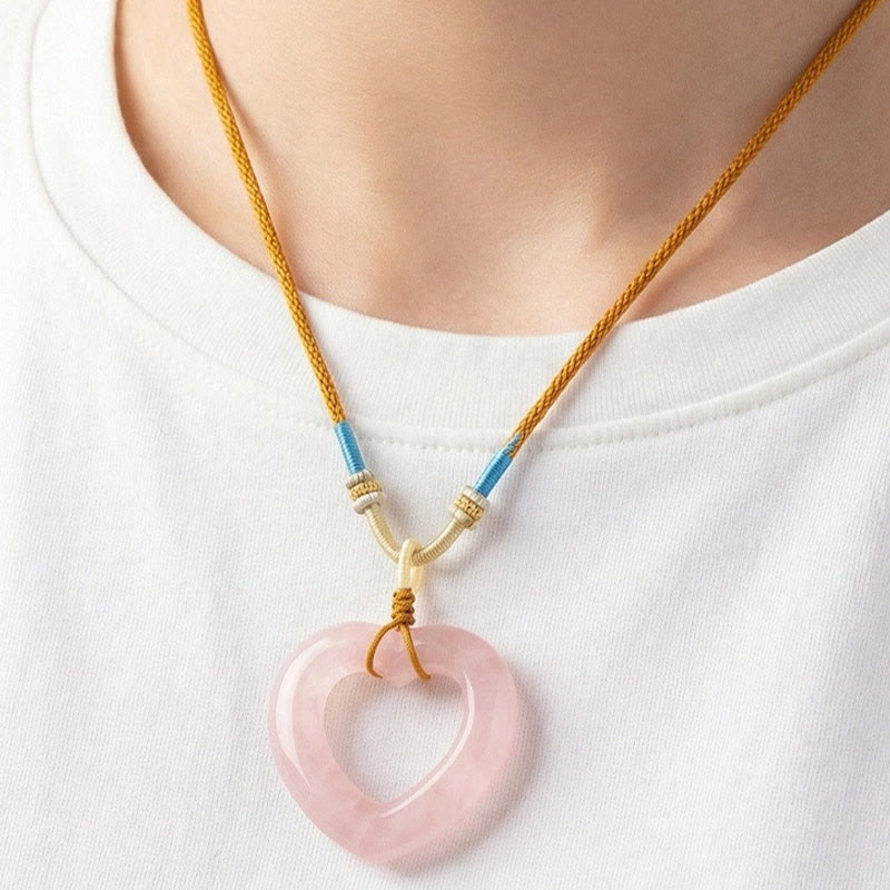Buddha Stones Collar con colgante de corazón hueco de cuarzo rosa natural. - image 6
