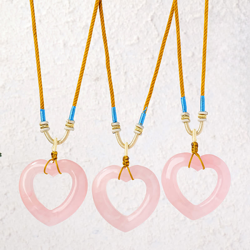 Buddha Stones Collar con colgante de corazón hueco de cuarzo rosa natural. - image 0
