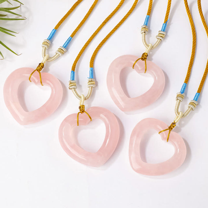 Buddha Stones Collar con colgante de corazón hueco de cuarzo rosa natural. - image 3