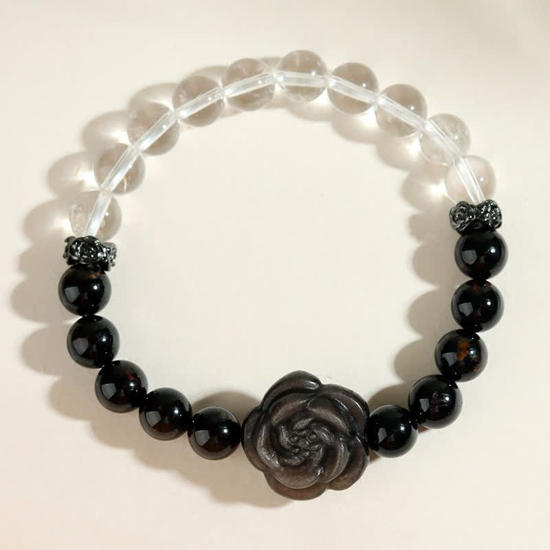 Buddha Stones Pulsera Focus con turmalina negra, cuarzo transparente y diseño de rosa tallada. - image 7