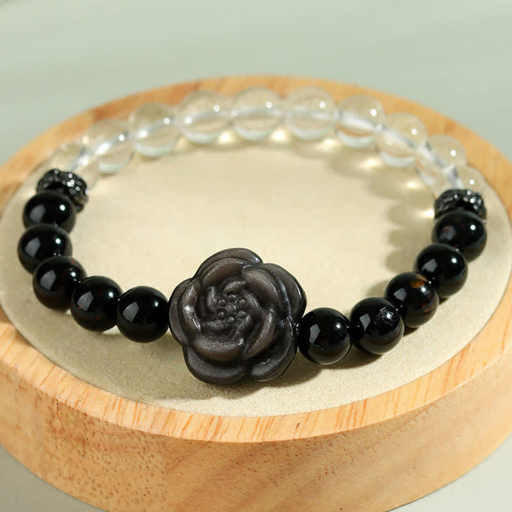 Buddha Stones Pulsera Focus con turmalina negra, cuarzo transparente y diseño de rosa tallada. - image 8