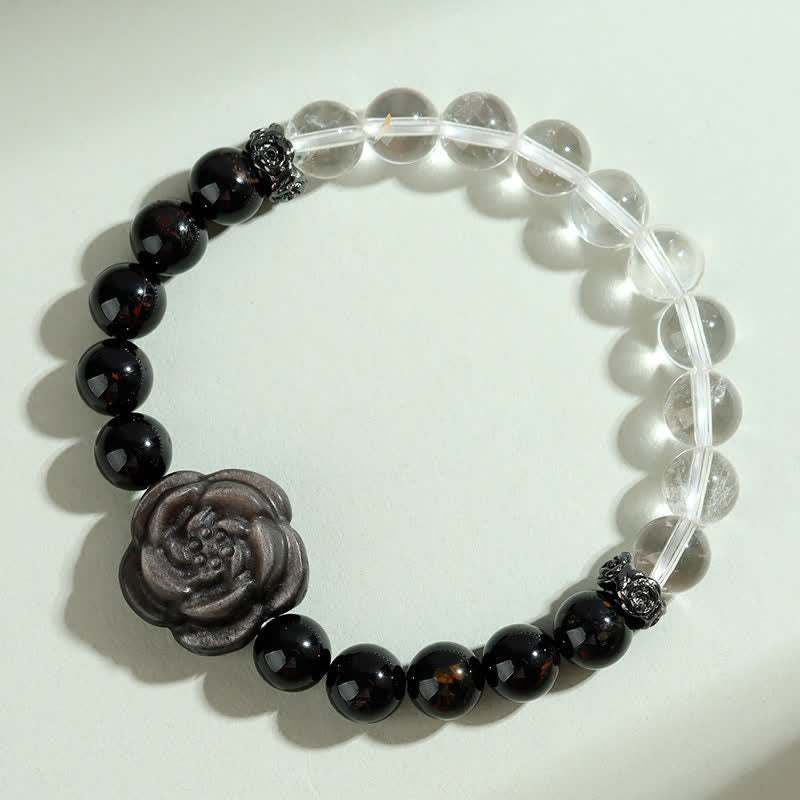 Buddha Stones Pulsera Focus con turmalina negra, cuarzo transparente y diseño de rosa tallada. - image 2