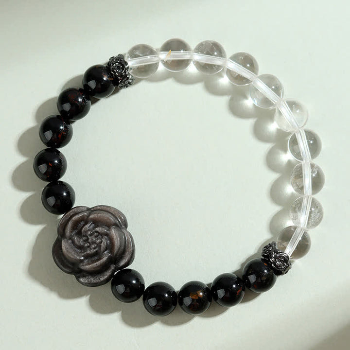 Buddha Stones Pulsera Focus con turmalina negra, cuarzo transparente y diseño de rosa tallada. - image 2