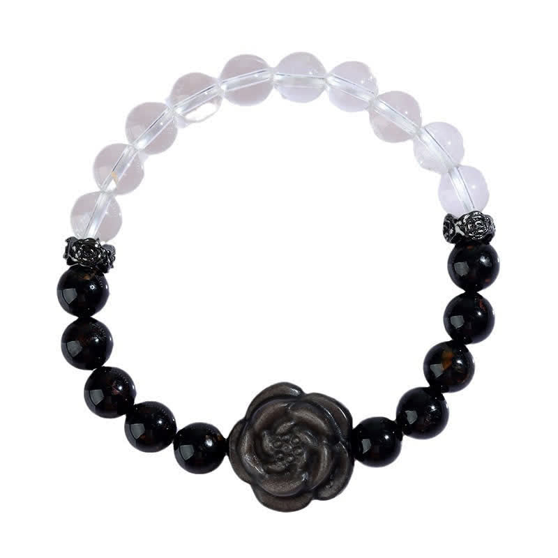 Buddha Stones Pulsera Focus con turmalina negra, cuarzo transparente y diseño de rosa tallada. - image 9