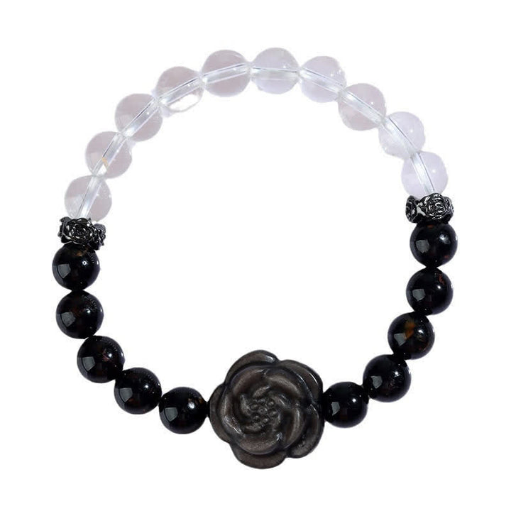 Buddha Stones Pulsera Focus con turmalina negra, cuarzo transparente y diseño de rosa tallada. - image 9
