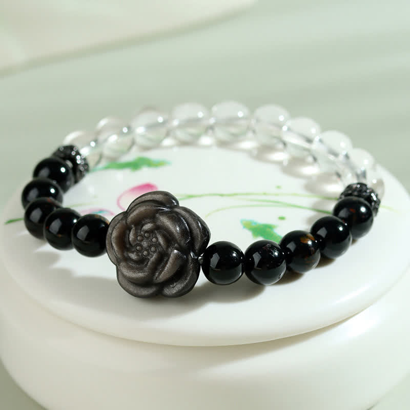 Buddha Stones Pulsera Focus con turmalina negra, cuarzo transparente y diseño de rosa tallada. - image 4