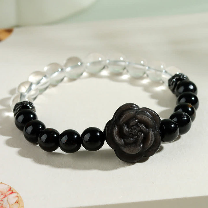Buddha Stones Pulsera Focus con turmalina negra, cuarzo transparente y diseño de rosa tallada. - image 3