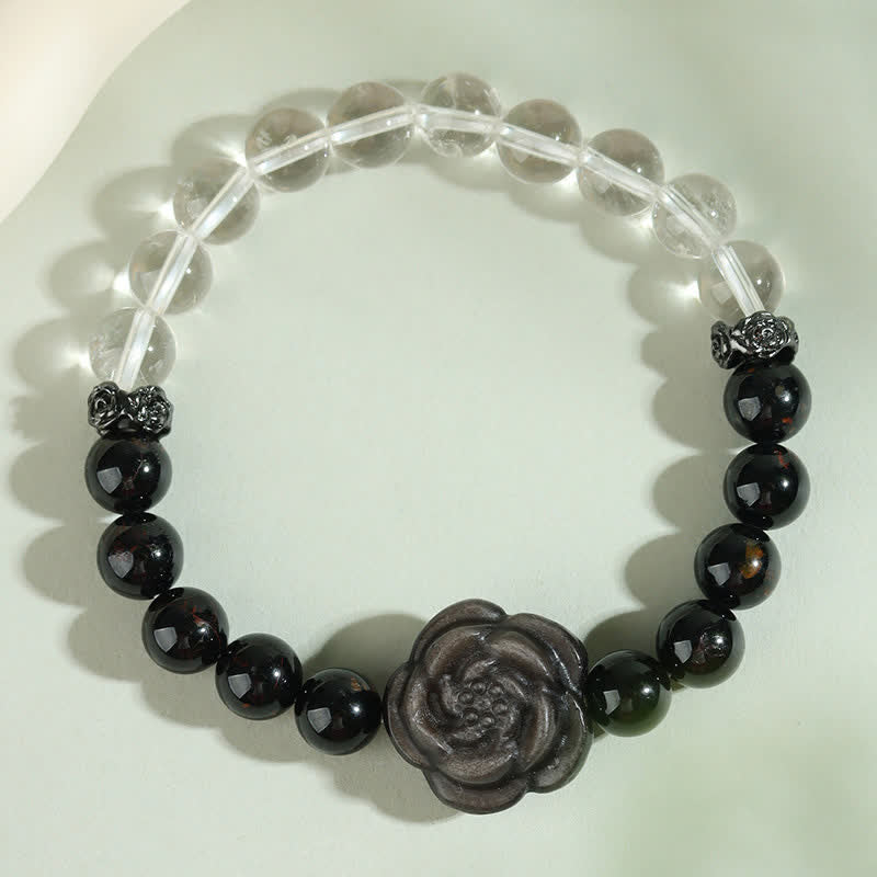 Buddha Stones Pulsera Focus con turmalina negra, cuarzo transparente y diseño de rosa tallada. - image 1