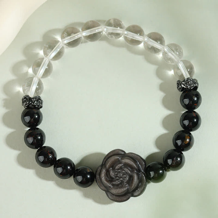 Buddha Stones Pulsera Focus con turmalina negra, cuarzo transparente y diseño de rosa tallada. - image 1