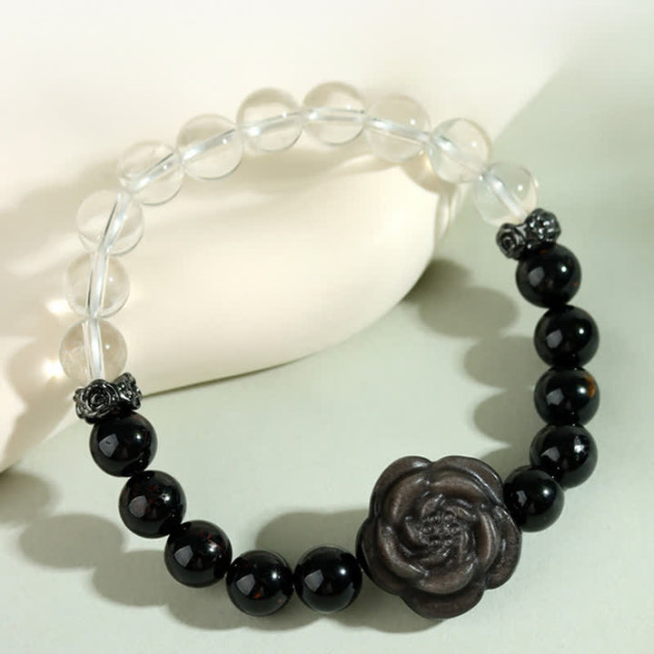 Buddha Stones Pulsera Focus con turmalina negra, cuarzo transparente y diseño de rosa tallada. - Turmalina negra (circunferencia de la muñeca: 15-16 cm) - image 0