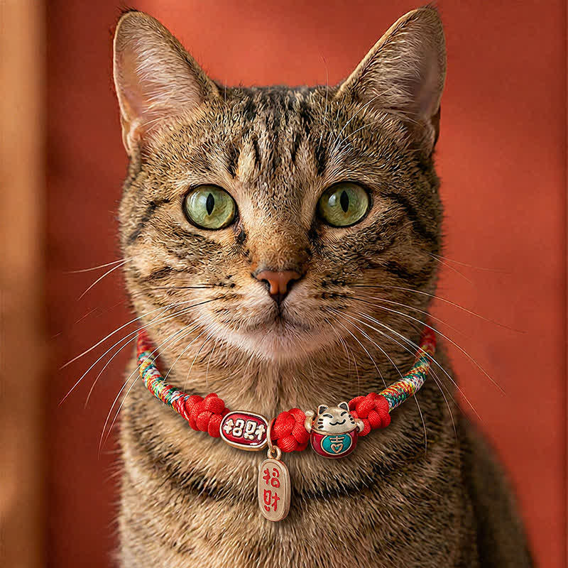 Buddha Stones Collar ajustable para gatos con cordón rojo trenzado, símbolo de buena fortuna y protección del carácter Fu. - Rojo - 18-25 cm - image 0