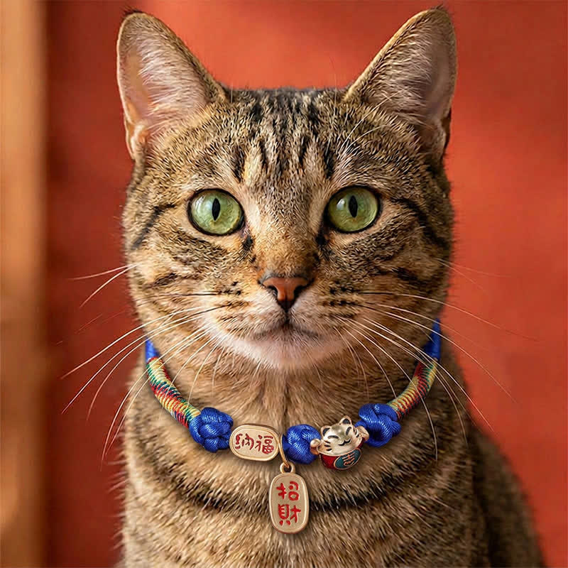 Buddha Stones Collar ajustable para gatos con cordón rojo trenzado, símbolo de buena fortuna y protección del carácter Fu. - Azul - 18-25 cm - image 8