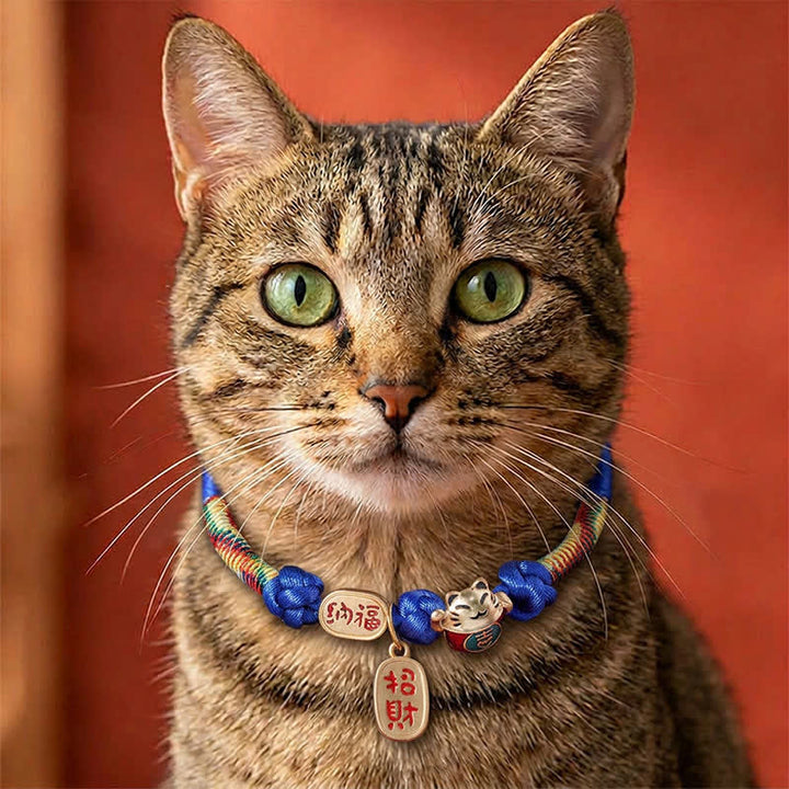 Buddha Stones Collar ajustable para gatos con cordón rojo trenzado, símbolo de buena fortuna y protección del carácter Fu. - Azul - 18-25 cm - image 8