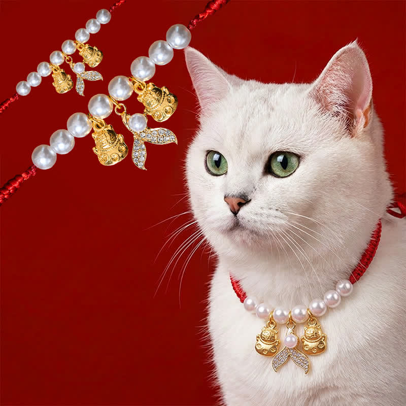 Buddha Stones Collar protector ajustable para gatos con forma de cola de pez, trenzado con perlas y de hilo rojo. - Cuerda roja - 15-25 cm - image 0