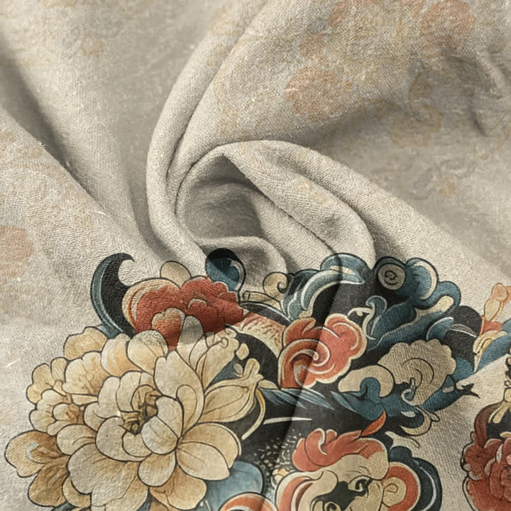 Buddha Stones Camisa de manga corta con medio botón para hombre, de algodón, con estampado de peonía oriental y fénix. - image 2