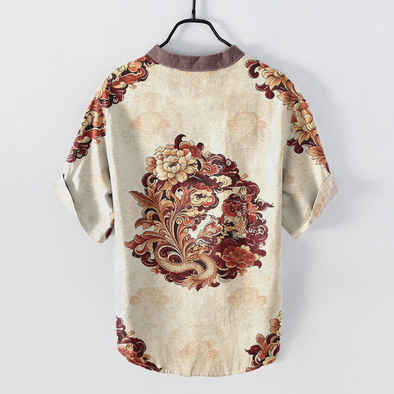 Buddha Stones Camisa de manga corta con medio botón para hombre, de algodón, con estampado de peonía oriental y fénix. - image 4