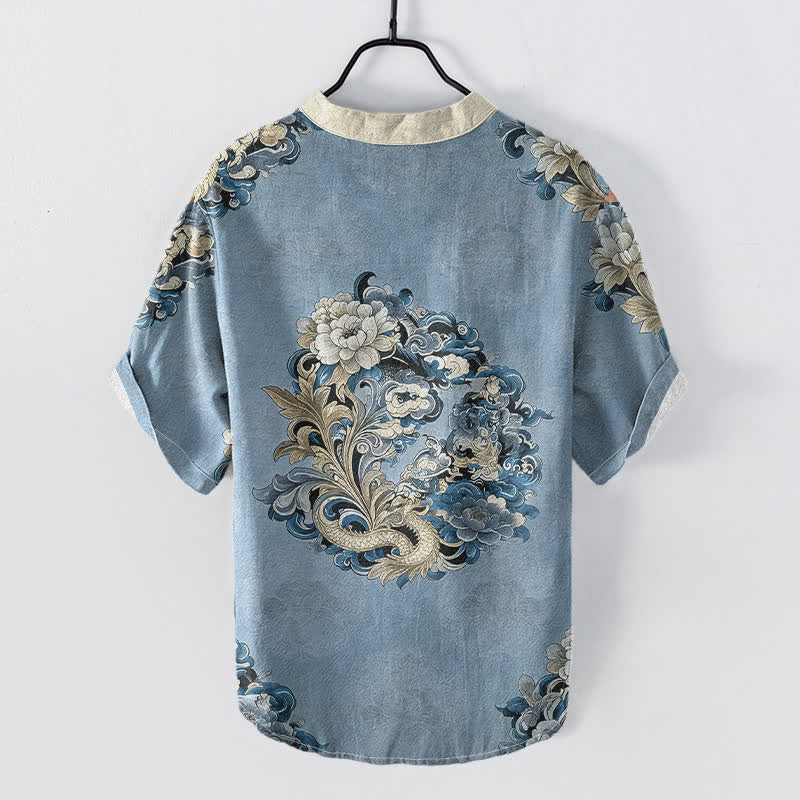 Buddha Stones Camisa de manga corta con medio botón para hombre, de algodón, con estampado de peonía oriental y fénix. - image 6