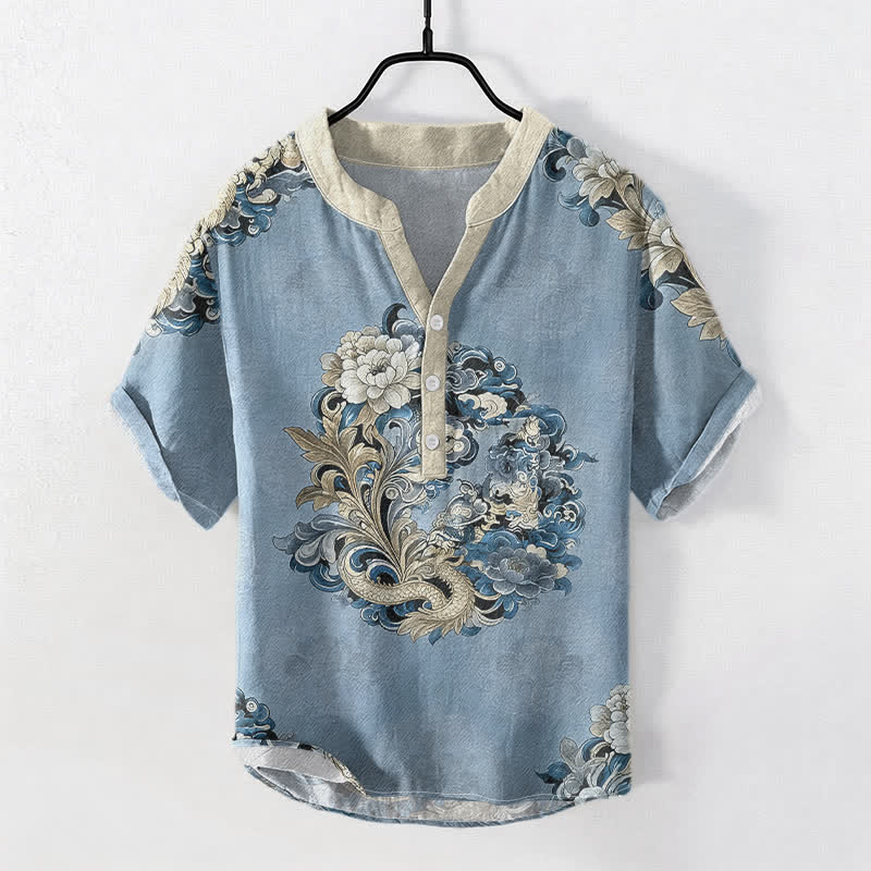 Buddha Stones Camisa de manga corta con medio botón para hombre, de algodón, con estampado de peonía oriental y fénix. - Azul claro - US/UK/AU50, EU60 (5XL) - image 5