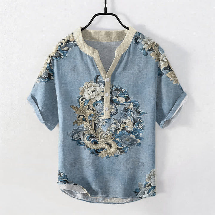 Buddha Stones Camisa de manga corta con medio botón para hombre, de algodón, con estampado de peonía oriental y fénix. - Azul claro - US/UK/AU50, EU60 (5XL) - image 5