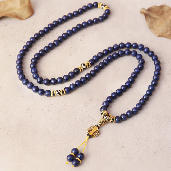 Buddha Stones Mala positiva de 108 cuentas de lazurita y lapislázuli con cuentas Dzi de tres ojos - image 2