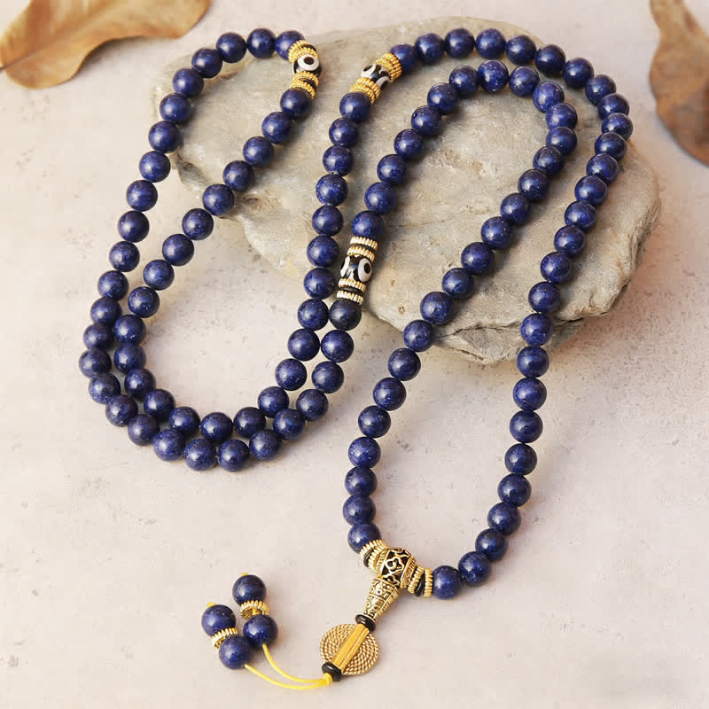Buddha Stones Mala positiva de 108 cuentas de lazurita y lapislázuli con cuentas Dzi de tres ojos - image 1