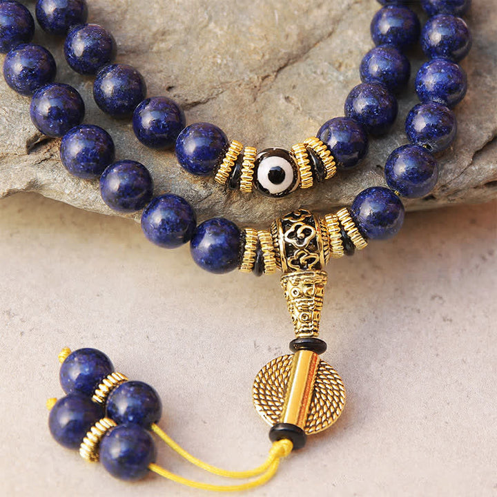 Buddha Stones Mala positiva de 108 cuentas de lazurita y lapislázuli con cuentas Dzi de tres ojos - image 3