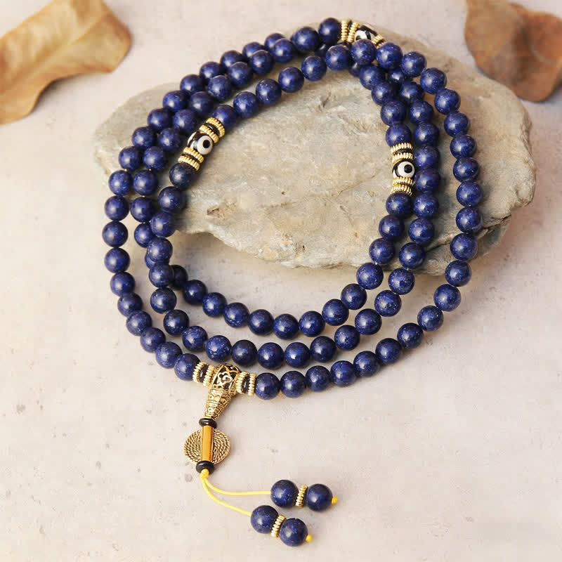 Buddha Stones Mala positiva de 108 cuentas de lazurita y lapislázuli con cuentas Dzi de tres ojos - Lapislázuli (circunferencia de la muñeca: 16-18 cm) - image 0