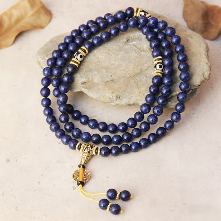 Buddha Stones Mala positiva de 108 cuentas de lazurita y lapislázuli con cuentas Dzi de tres ojos - Lapislázuli (circunferencia de la muñeca: 16-18 cm) - image 0