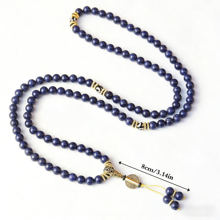 Buddha Stones Mala positiva de 108 cuentas de lazurita y lapislázuli con cuentas Dzi de tres ojos - image 4