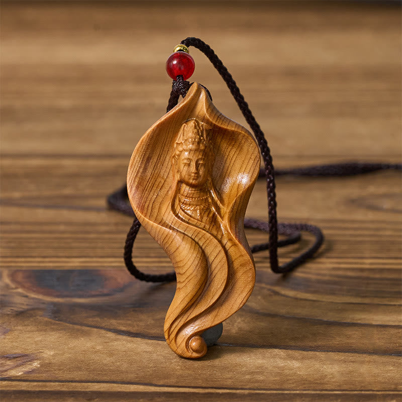 Buddha Stones Guanyin Kwan Yin Avalokiteśvara hoja de loto Platycladus Orientalis madera riqueza collar colgante - image 1