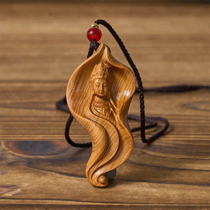 Buddha Stones Guanyin Kwan Yin Avalokiteśvara hoja de loto Platycladus Orientalis madera riqueza collar colgante - image 1