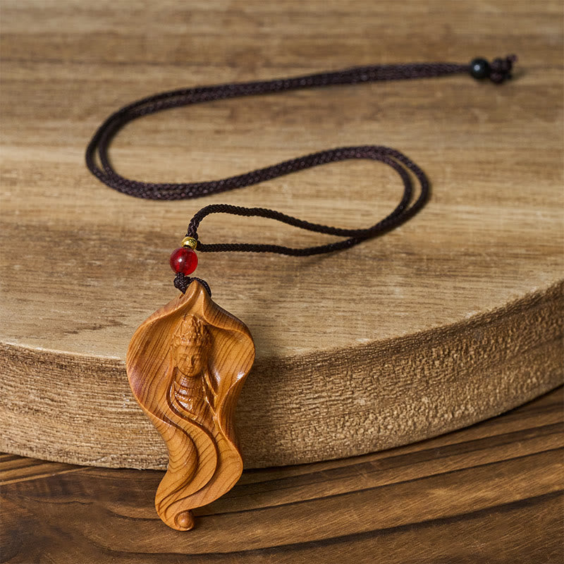Buddha Stones Guanyin Kwan Yin Avalokiteśvara hoja de loto Platycladus Orientalis madera riqueza collar colgante - image 5