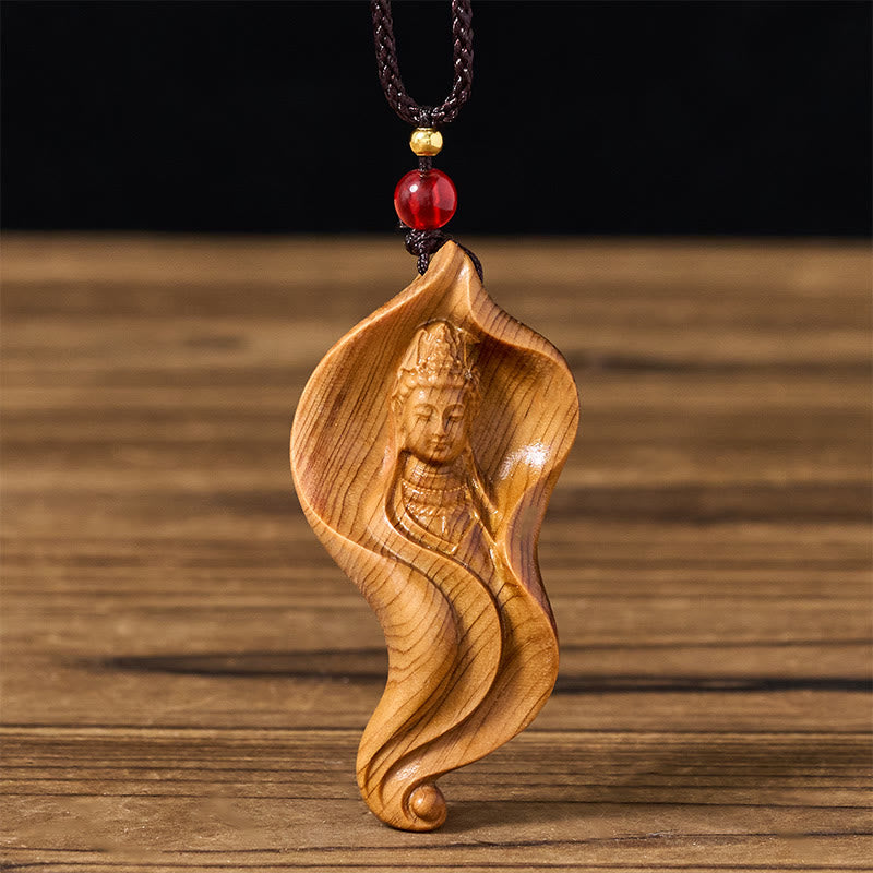 Buddha Stones Guanyin Kwan Yin Avalokiteśvara hoja de loto Platycladus Orientalis madera riqueza collar colgante - Avalokiteśvara - image 0