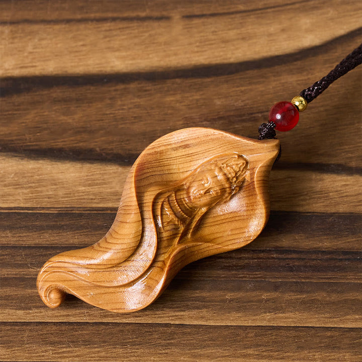 Buddha Stones Guanyin Kwan Yin Avalokiteśvara hoja de loto Platycladus Orientalis madera riqueza collar colgante - image 2