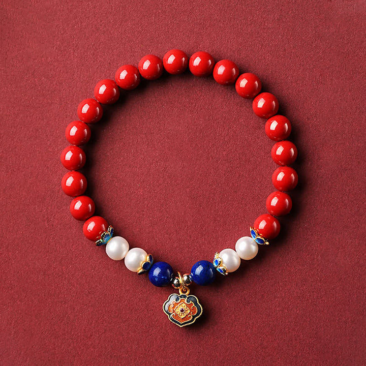 Buddha Stones Pulsera con dije de candado chino de lapislázuli cinabrio - Cinabrio Imperial (Circunferencia de la muñeca: 14-15 cm) - image 9