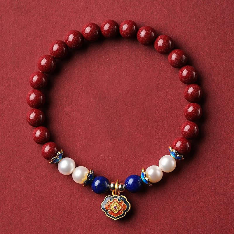Buddha Stones Pulsera con dije de candado chino de lapislázuli cinabrio - Cinabrio (circunferencia de la muñeca: 14-15 cm) - image 0