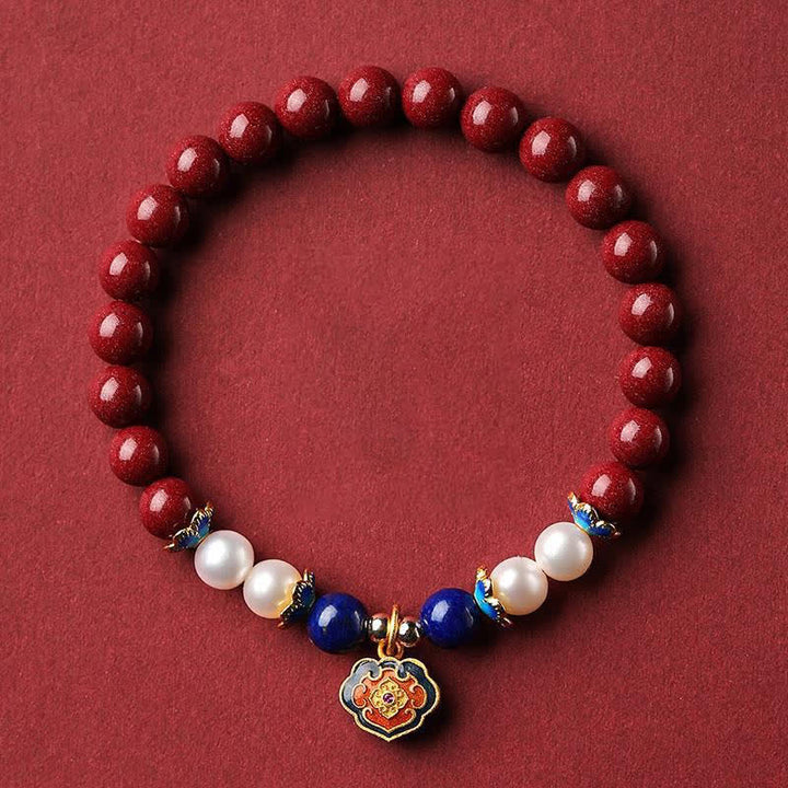 Buddha Stones Pulsera con dije de candado chino de lapislázuli cinabrio - Cinabrio (circunferencia de la muñeca: 14-15 cm) - image 0